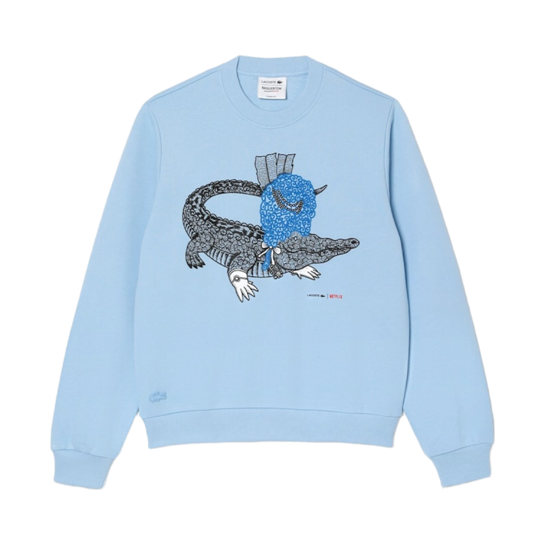 (W) 라코스테 x 넷플릭스 루즈 핏 오가닉 코튼 플리스 스웨트셔츠 블루((W) Lacoste x Netflix Loose Fit Organic Cotton Fleece Sweatshirt Blue) - 1