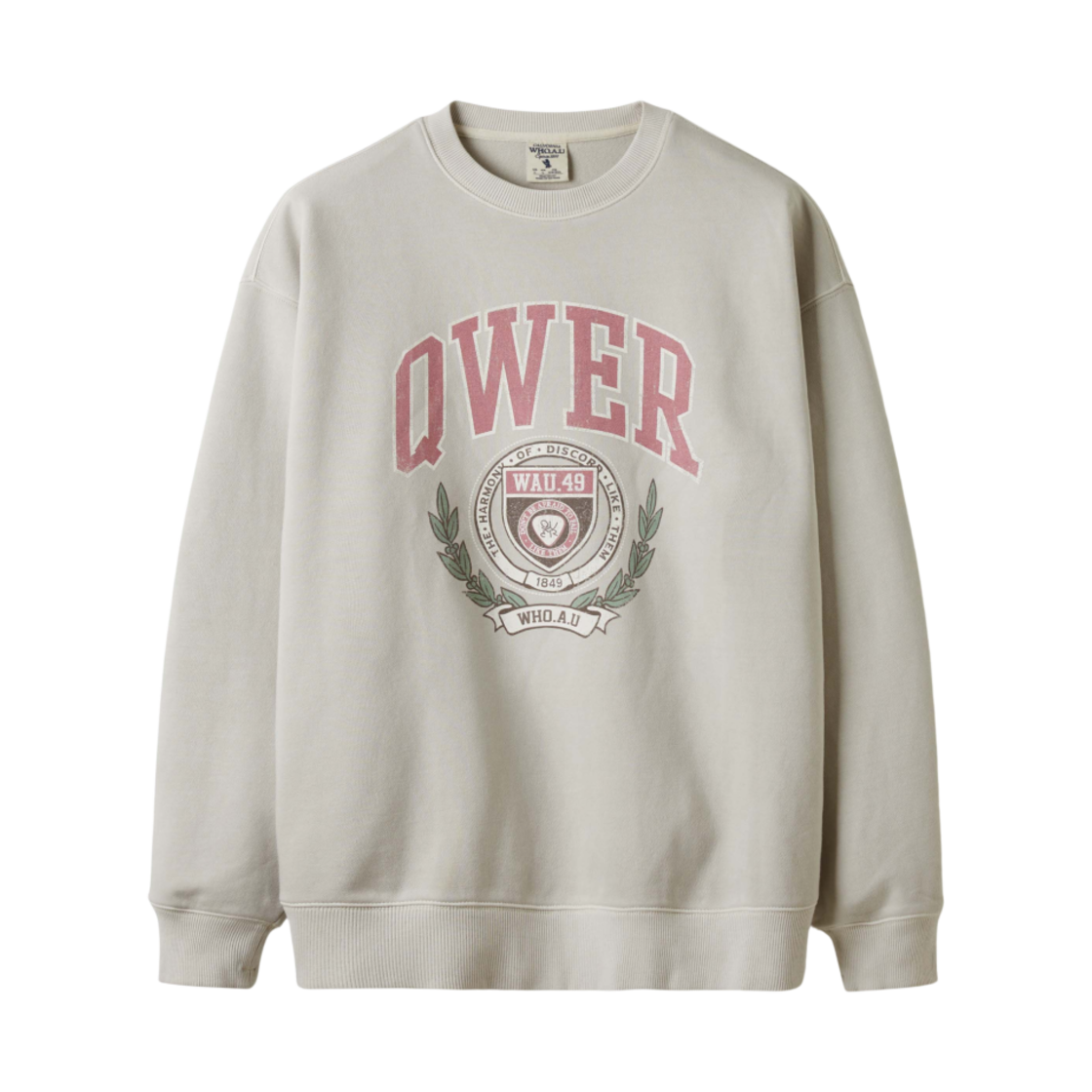 후아유 x QWER 시그니쳐 다이드 스웨트셔츠 베이지(WHO.A.U x QWER Signature Dyed Sweatshirt Beige)