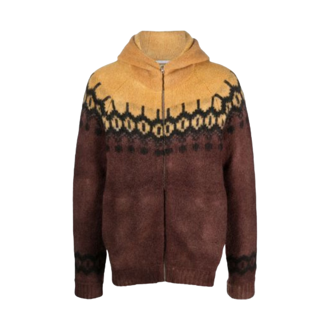 란라 비마 울 블렌드 후드 인타르시아 니트 자켓 브라운(Ranra Vima Wool Blend Hooded Intarsia Knit Jacket Brown)