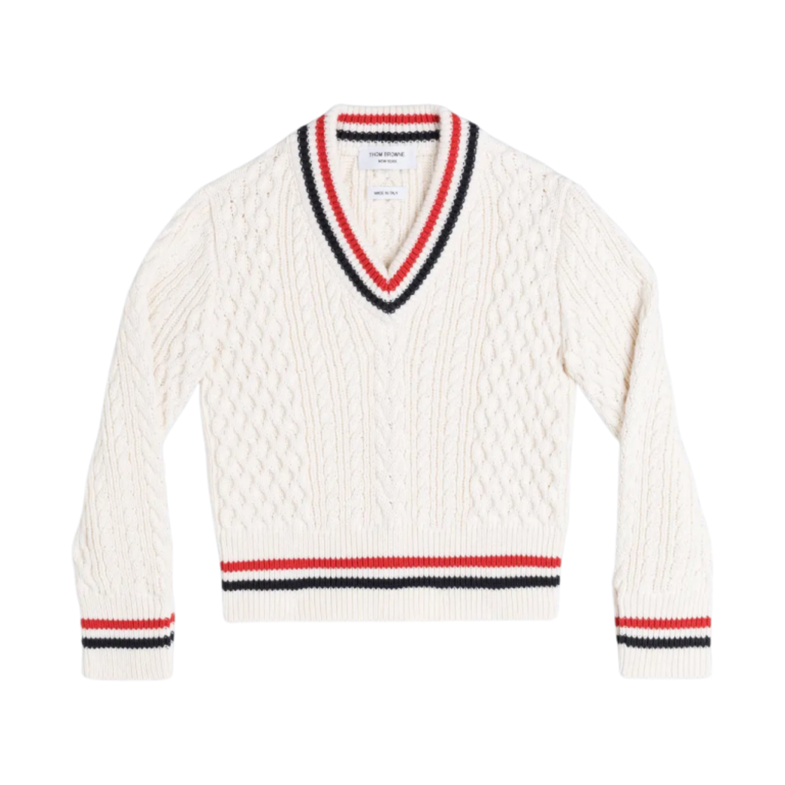 KKA006A-Y3024-100 (Kids) Thom Browne Aran Cable Cricket Stripe V-Neck Pullover White