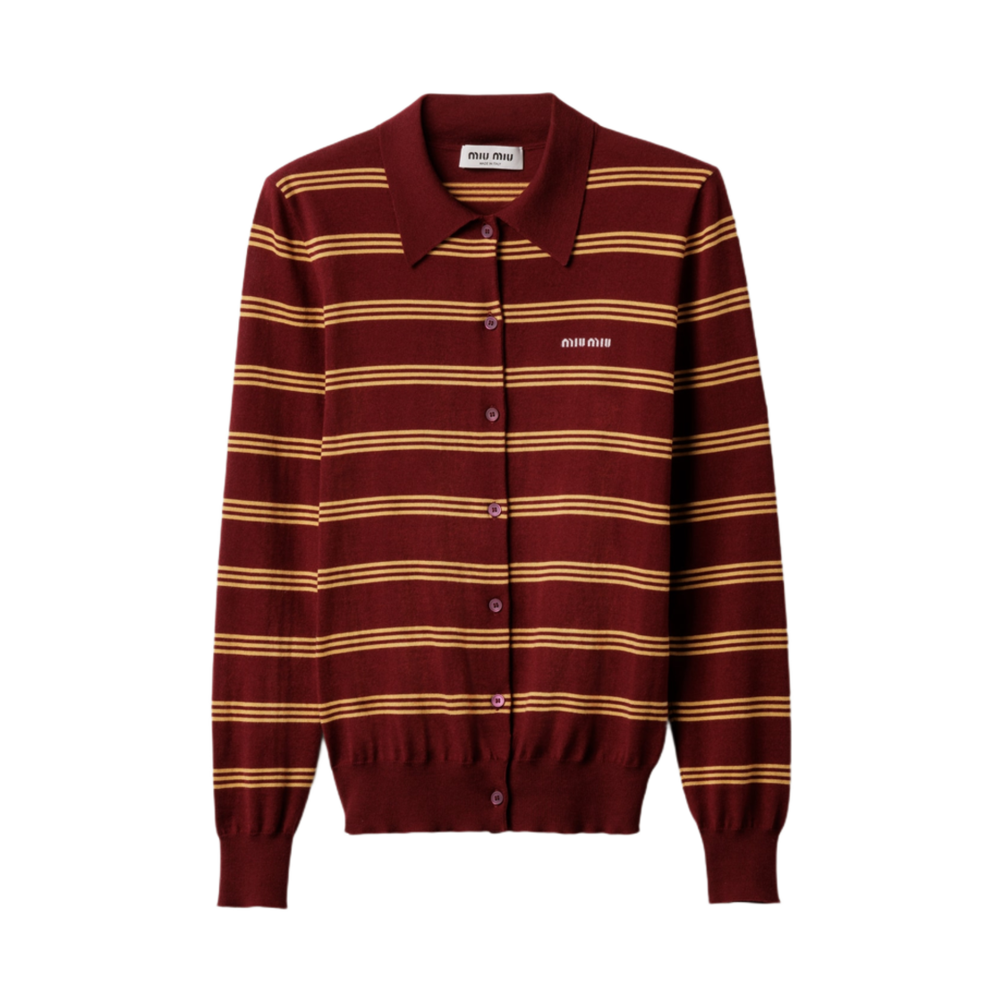 미우 미우 스트라이프 캐시미어 앤 실크 가디건 아마란스 레드 메이즈 옐로우