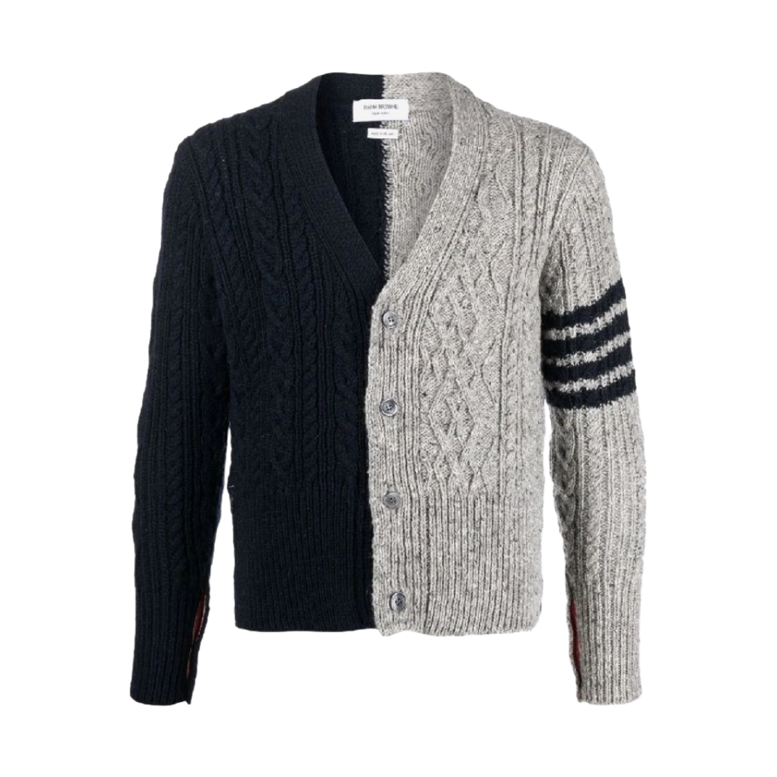 톰브라운 펀믹스 아란 케이블 도네갈 사선 가디건 네이비 그레이(Thom Browne Fun-Mix Aran Cable Donegal 4-Bar Cardigan Navy Grey) - 1