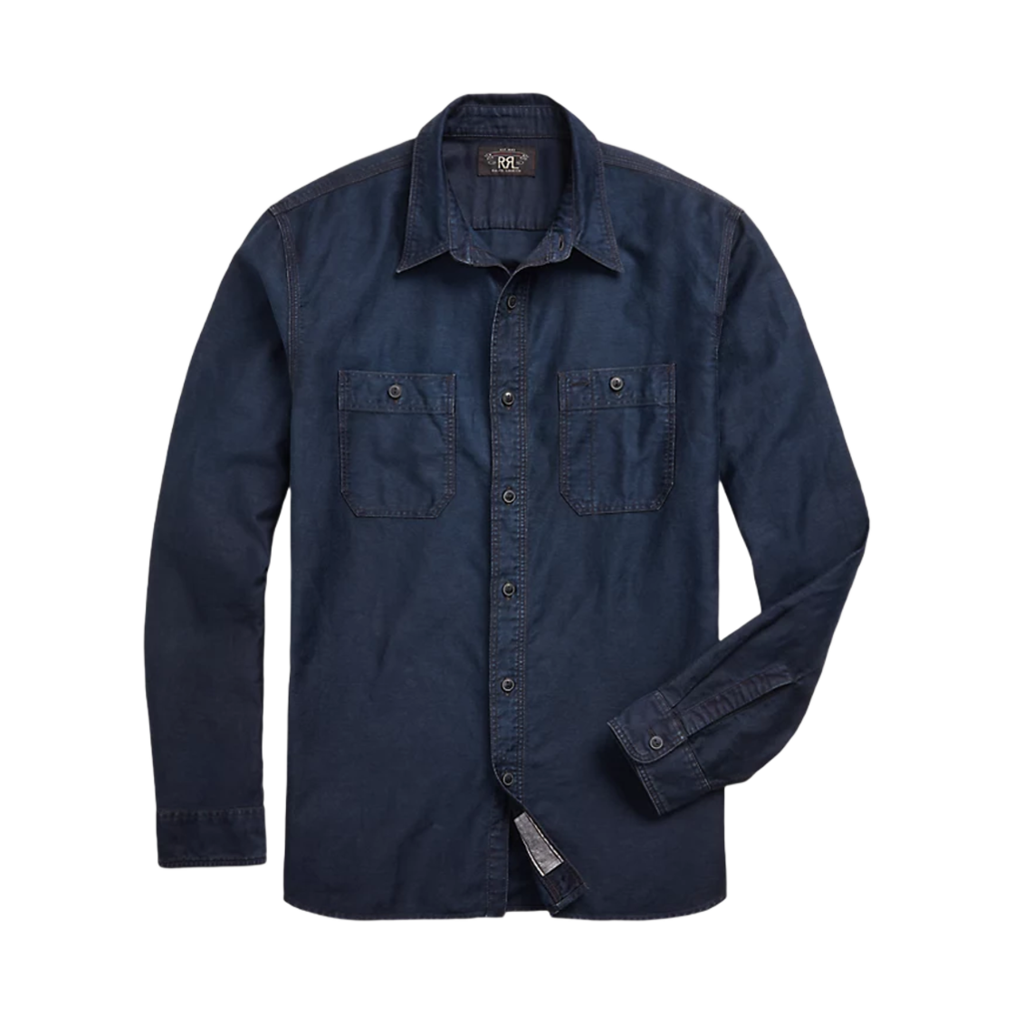 659065 Double RL Indigo Cotton Linen Satin Work Shirt Indigo