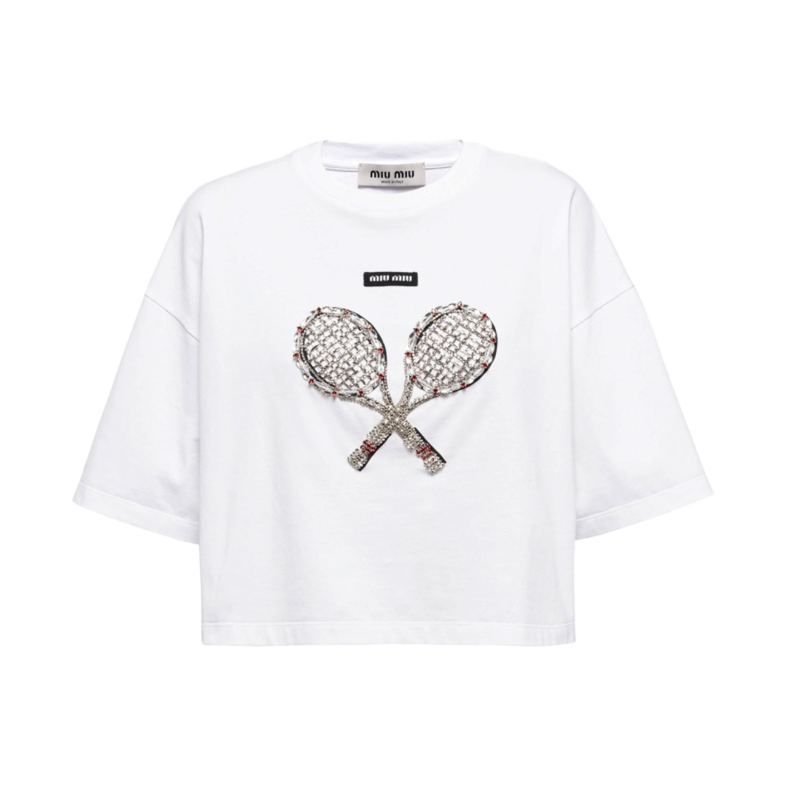 (W) 미우 미우 자수 코튼 티셔츠 화이트((W) Miu Miu Embroidered Cotton T-Shirt White) - 1