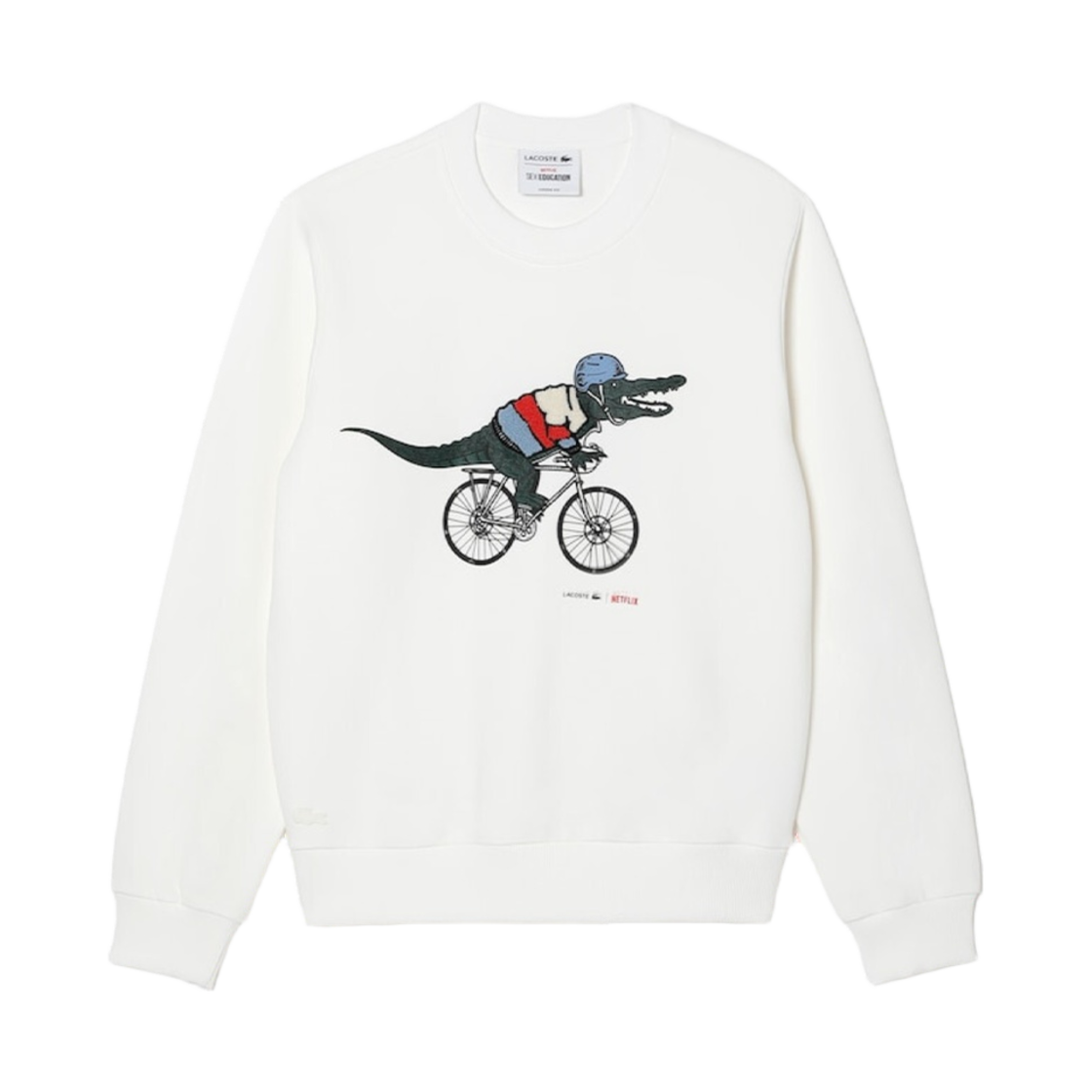 (W) 라코스테 x 넷플릭스 루즈 핏 오가닉 코튼 플리스 스웨트셔츠 화이트((W) Lacoste x Netflix Loose Fit Organic Cotton Fleece Sweatshirt White) - 1