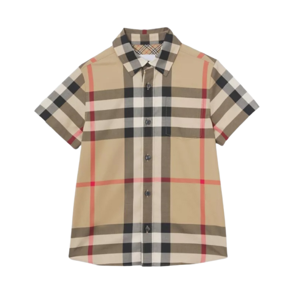 (키즈) 버버리 숏슬리브 체크 스트레치 코튼 셔츠 아카이브 베이지((Kids) Burberry Short Sleeve Check Stretch Cotton Shirt Archive Beige) - 1