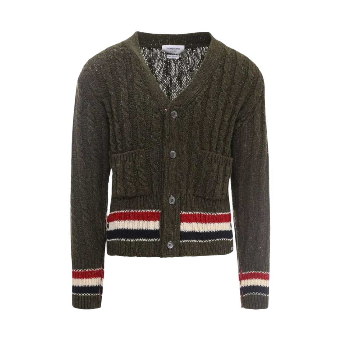 MKC357A-Y1502-320 Thom Browne Stripe Mixed Cable Cardigan Dark Green