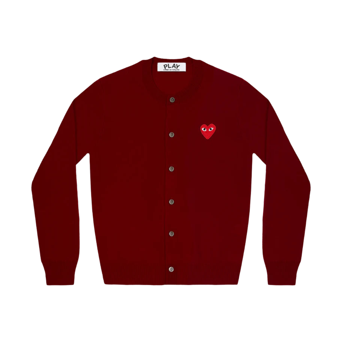 AX-N007-051-4 Play Comme des Garcons Red Heart Round Neck Cardigan Burgundy