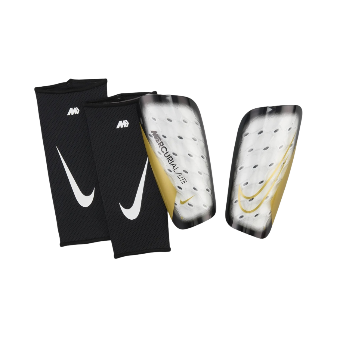 DN3611-101 Nike Mercurial Lite Football Shinguards White Black Metallic Gold Coin