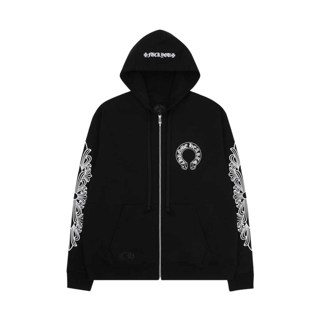 크롬하츠 홀스슈 플로랄 퍽 유 로고 플리스 집업 후드 블랙(Chrome Hearts Horseshoe Floral Fuck You Logo Fleece Zip-Up Hoodie Black)