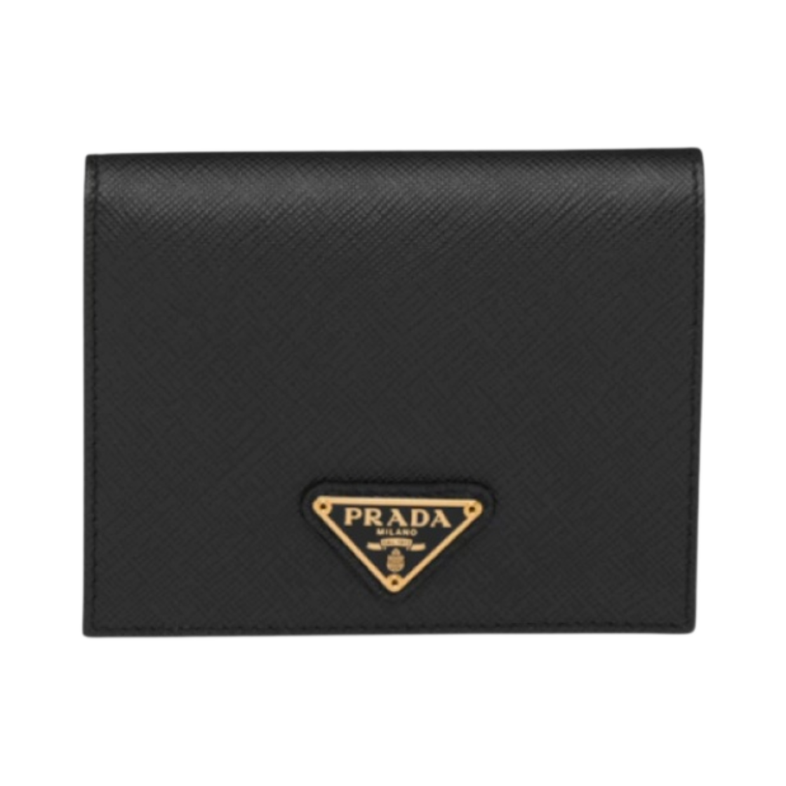프라다 사피아노 레더 트라이앵글 로고 반지갑 블랙 골드(Prada Small Saffiano Leather Triangle Logo Wallet Black Gold)