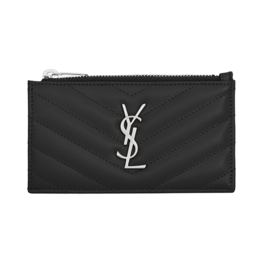 생로랑 그랑 드 뿌드르 엠보스드 레더 실버 모노그램 프라그먼트 지퍼 카드 케이스 블랙(Saint Laurent Silver Monogram Fragments Zipped Card Case in Grain de Poudre Embossed Leather Black) - 1