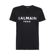 Balmain Eco Designed Cotton T-Shirt with Logo Print Black Silver