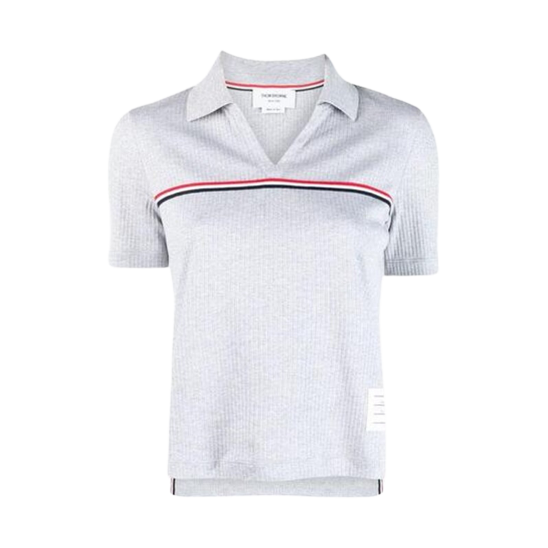 FJP076A-J0066-055 (W) Thom Browne High Twisted Cotton RWB Stripe Short Sleeve Polo Light Grey