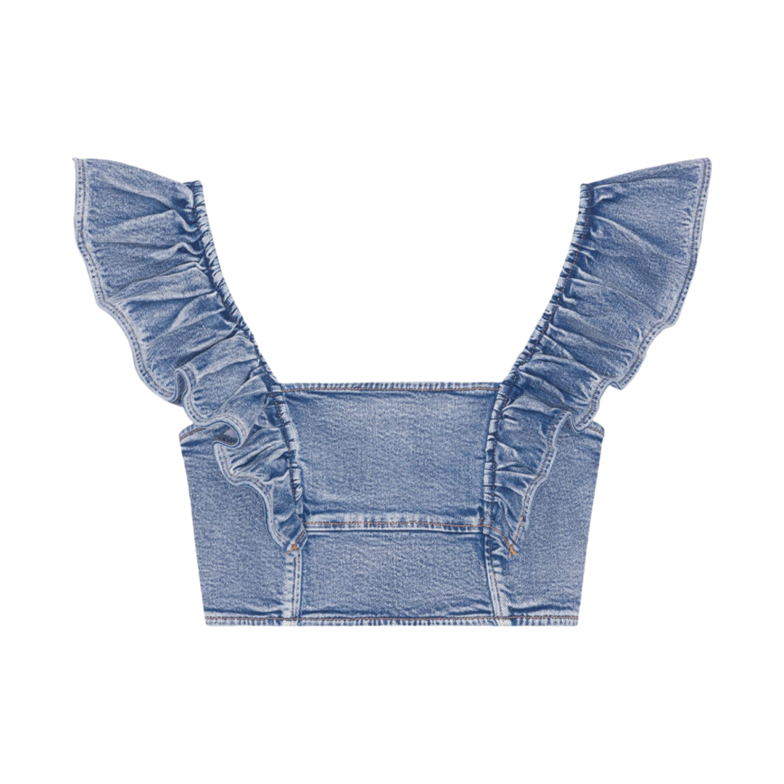 (W) 가니 스트레치 데님 러플 탑 라이트 블루 빈티지((W) Ganni Stretch Denim Ruffle Top Light Blue Vintage) - 1