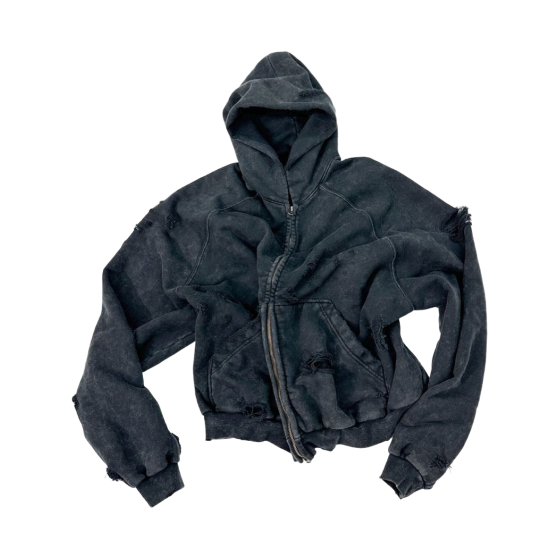 논노드 x 신세계 디스트레스드 집업 후드 워시드 블랙(Nonnod x Shinsegae Distressed Zip-Up Hoodie Washed Black)