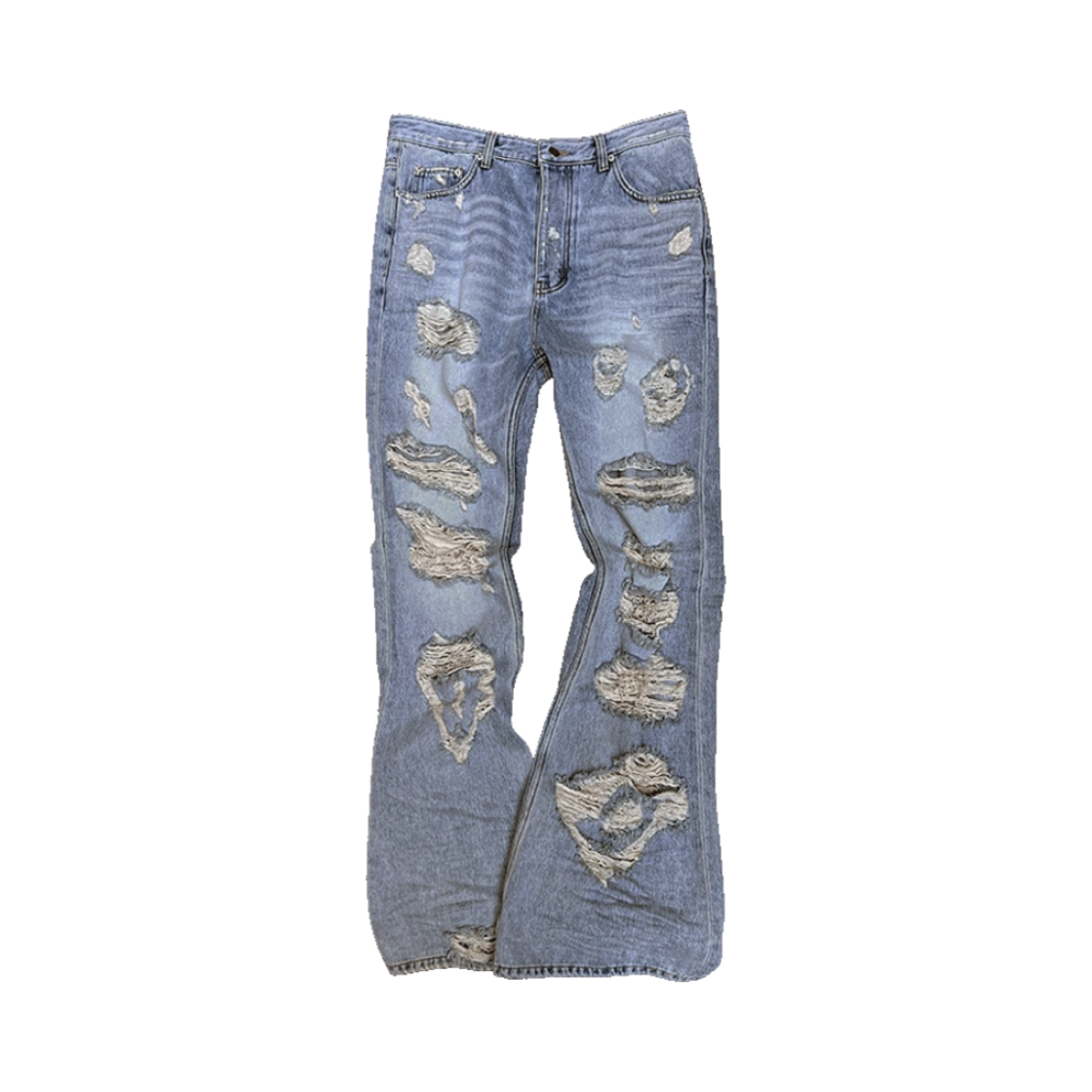 언더마이카 엔젤링 디스트로이드 슬림 플레어 진 라이트 블루(Undermycar Angel Ring Destroyed Slim Flare Jeans Light Blue)