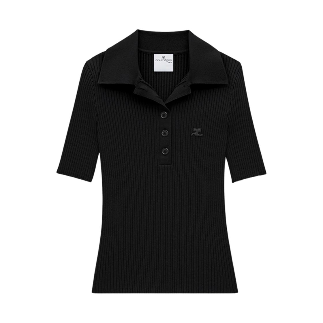 (W) 꾸레쥬 아이코닉 립 니트 폴로 셔츠 블랙((W) Courreges Iconic Rib Knit Polo Shirt Black)