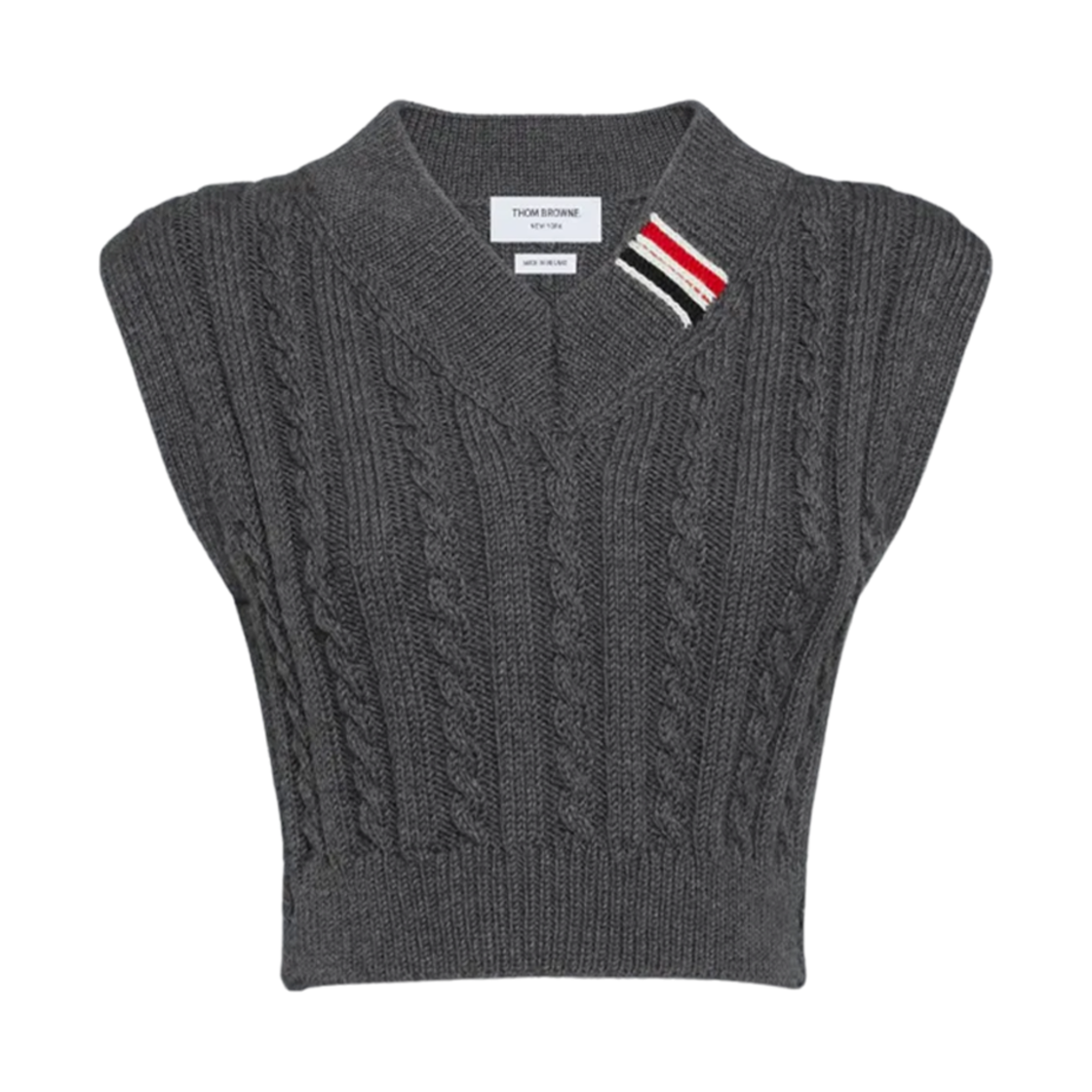 FKV202A-Y1024-035 (W) Thom Browne Baby Cable Cropped V-Neck Pullover Medium Grey