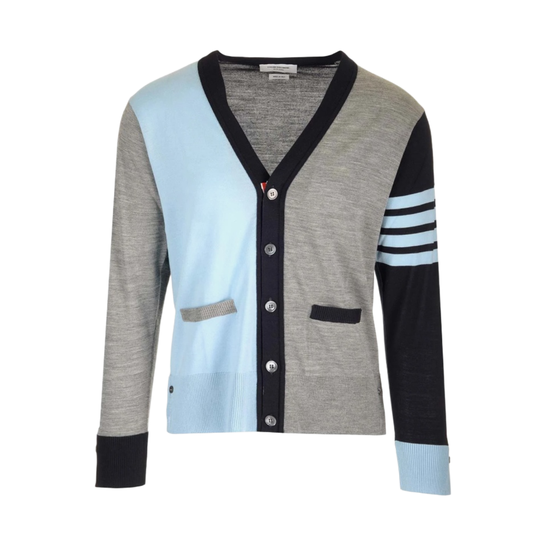 MKC002F-Y1014-480 Thom Browne Fun-Mix Fine Merino 4-Bar Classic V-Neck Cardigan Light Blue
