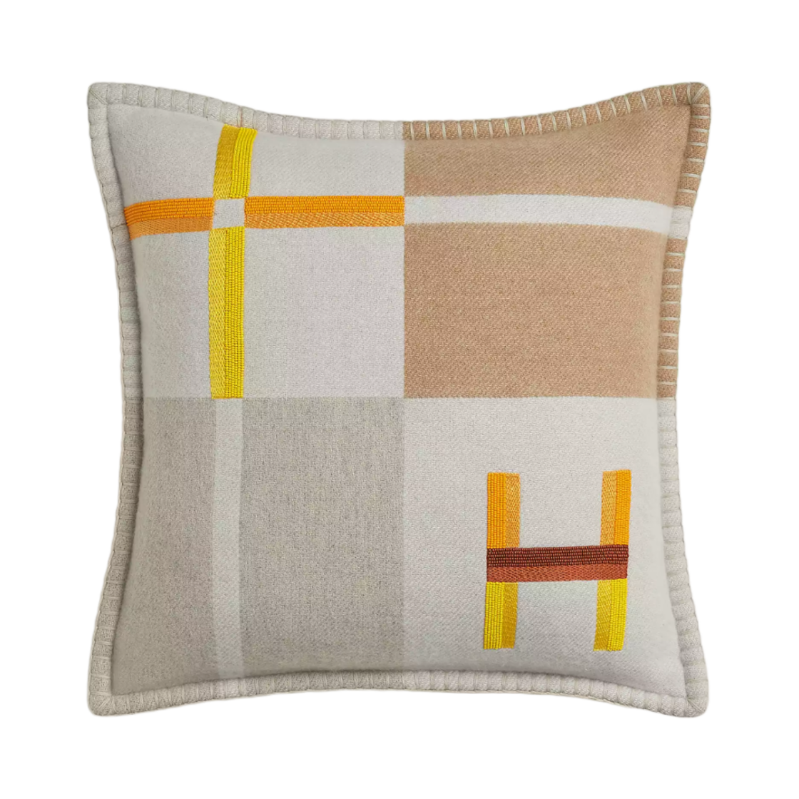H103853M01 Hermes Avalon Rayon Pillow Jacquard Woven Cashmere Round Glass Beads Cotton Thread Sable Pearl