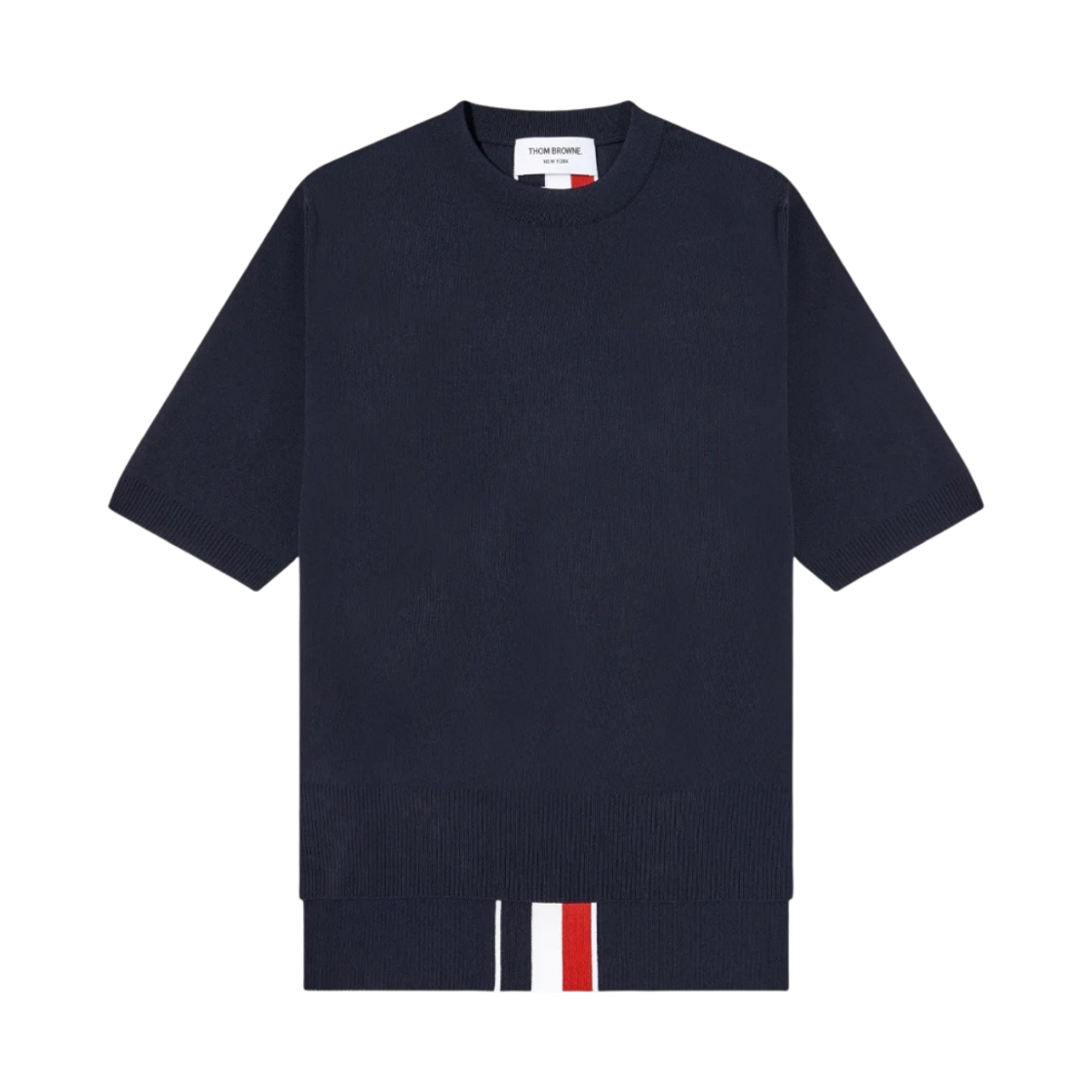 (W) 톰브라운 저지 스티치 스트레치 비스코스 인타르시아 백 스트라이프 박시핏 크루넥 티셔츠 네이비((W) Thom Browne Jersey Stitch Stretch Viscode Intarsia Back Stripe Boxy Fit Crewneck T-Shirt Navy) - 1