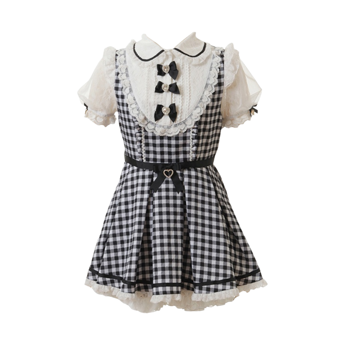 (W) 리즈 리사 쓰리 리본 깅엄 요크 셋업 블랙((W) Liz Lisa Three Ribbon Gingham Yoke Set-Up Black)