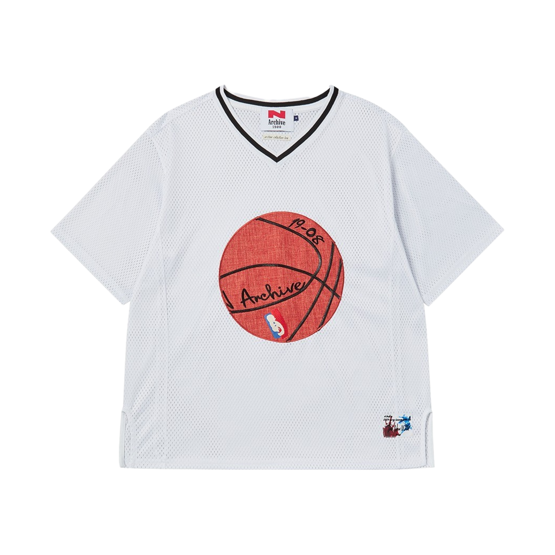 [KREAM 단독] 엔 아카이브 핸드 메이드 아트 피스 바스켓볼 로고 메쉬 저지 티셔츠 화이트([KREAM 단독] N ARCHIVE Hand Made Art Piece Basketball Logo Mesh Jersy T-Shirt White)