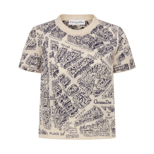 (W) Dior Short-Sleeved Sweater White Navy Blue Cashmere Knit Plan Paris Motif