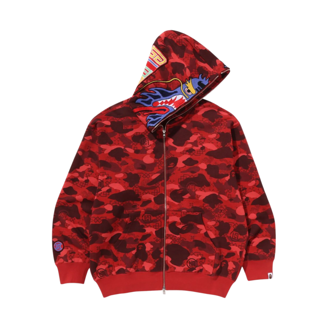베이프 x 클랏 카모 샤크 릴렉스드 핏 풀 집 후드 레드