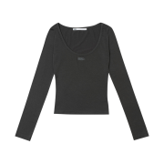 (W) Bohemian Seoul Basic Deep U Neck Long Sleeve Deep Khaki