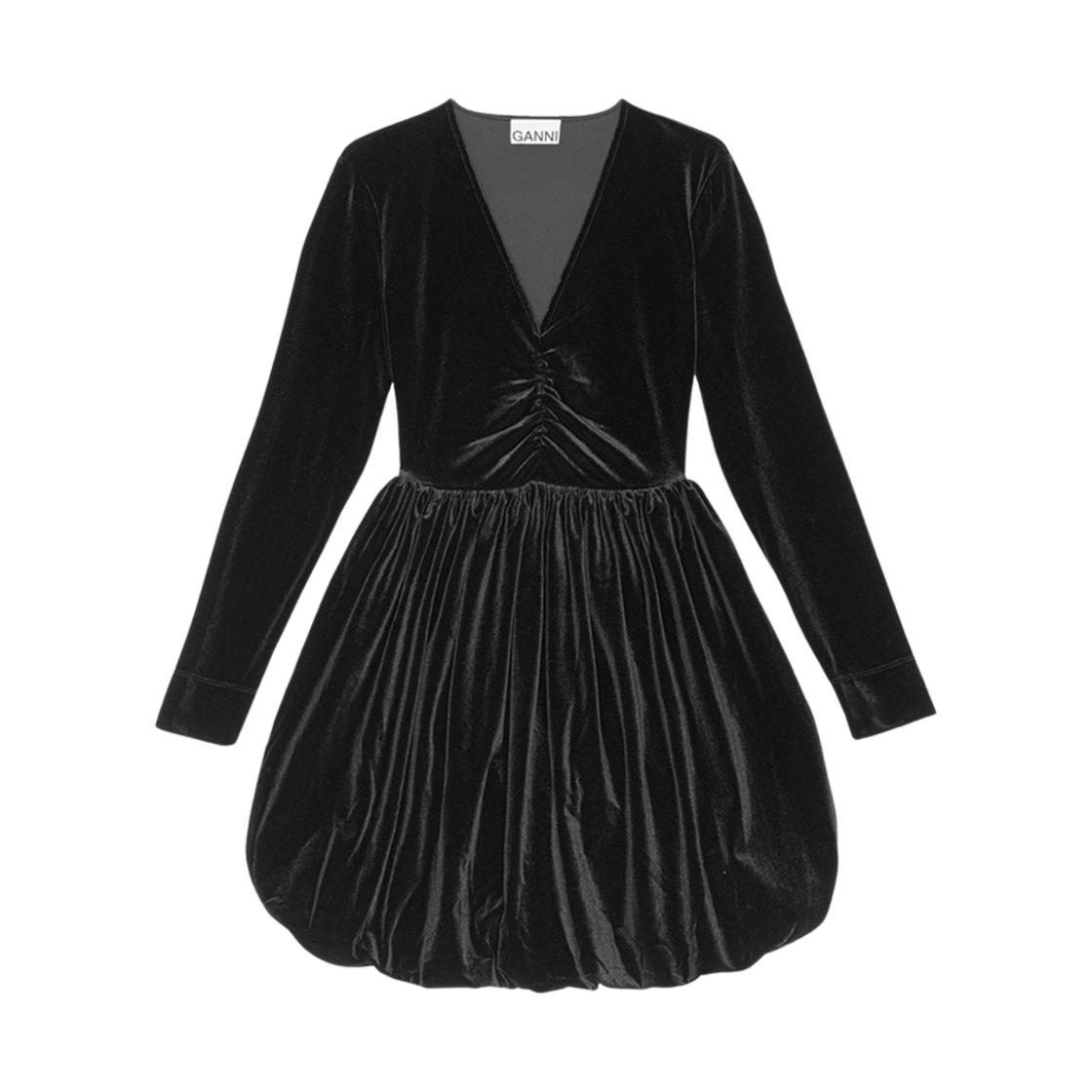 (W) 가니 벨벳 저지 벌룬 미니 드레스 블랙((W) Ganni Velvet Jersey Balloon Mini Dress Black) - 1