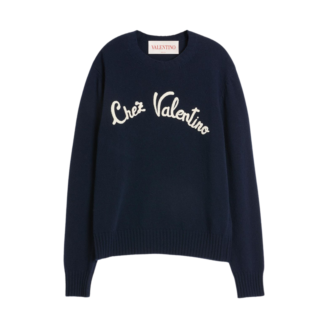 KC33LAR8D51 Valentino Wool Crewneck Jumper with Chez Valentino Embroidery Indigo