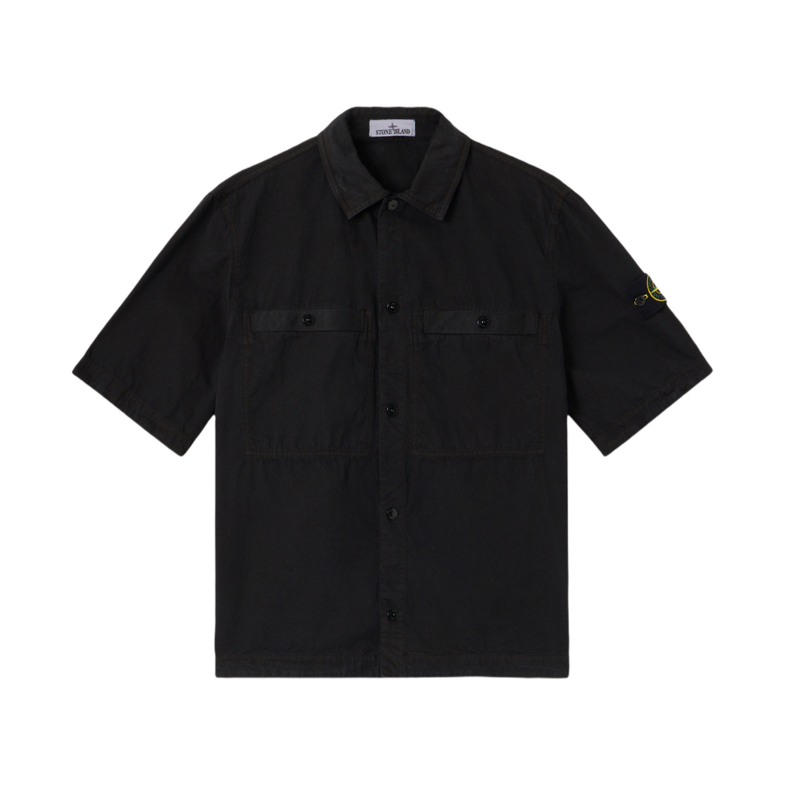 스톤 아일랜드 1200029 브러쉬드 오가닉 코튼 캔버스 올드 이펙트 컴포트 핏 숏슬리브 셔츠 체스트 포켓 앤 스냅 블랙 - 25SS