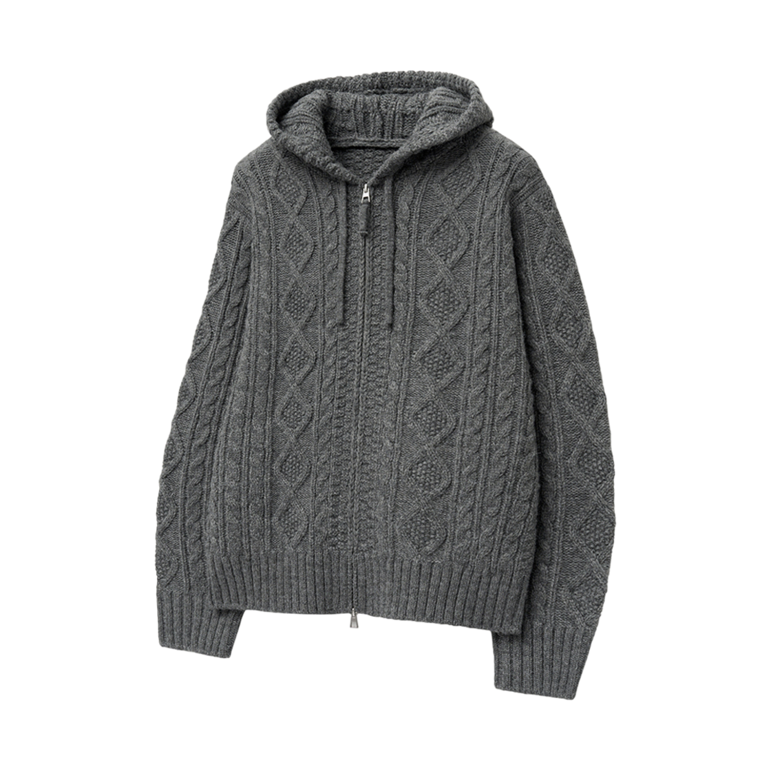 티엔지티 오버핏 케이블 후드집업 니트 멜란지그레이