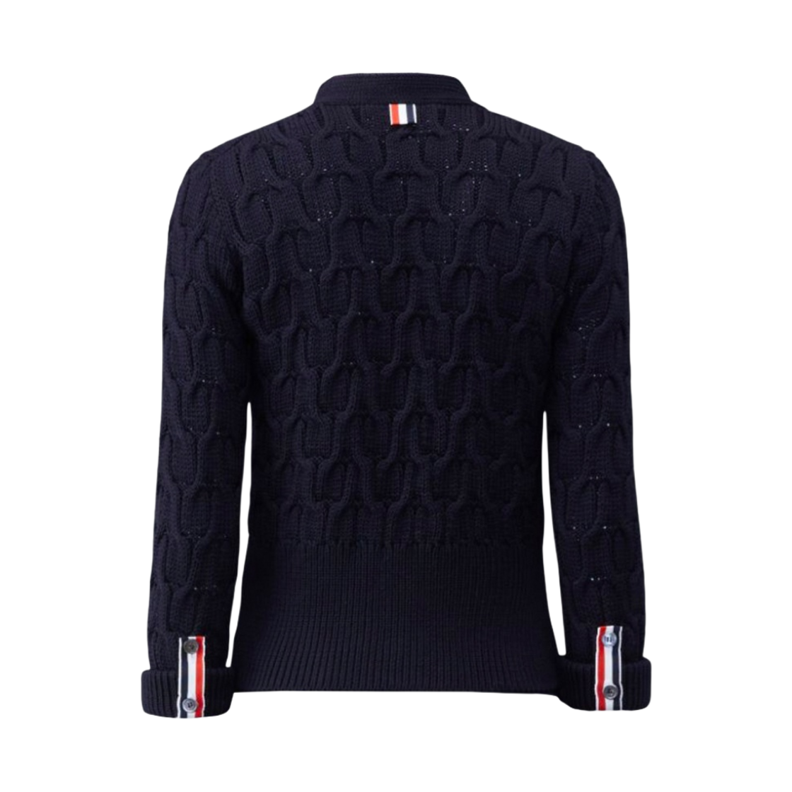 FKC527A-Y1024-415 (W) Thom Browne Merino Crisscross Cable Roll 3/4 Sleeve V-Neck Cardigan Navy - #2