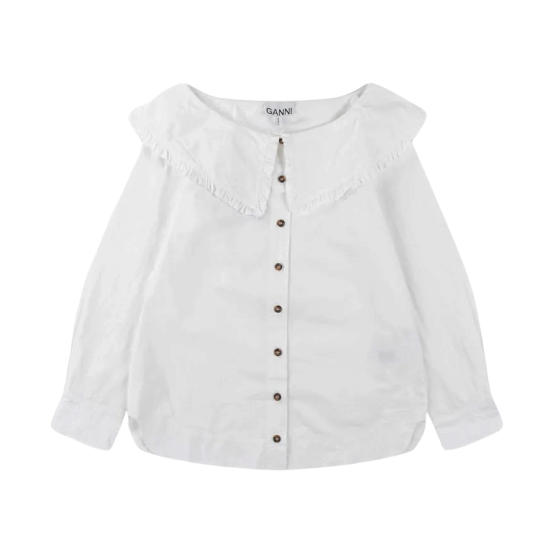 (W) 가니 코튼 포플린 보트넥 프릴 칼라 셔츠 브라이트 화이트((W) Ganni Cotton Poplin Boat Neck Frill Collar Shirt Bright White) - 1
