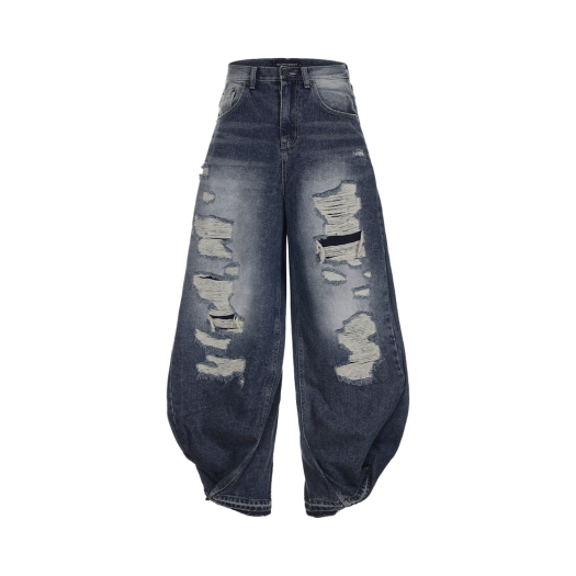 DROP006 Surgery Double Folding Over Wide Baggy Jeans Destroyed Blue