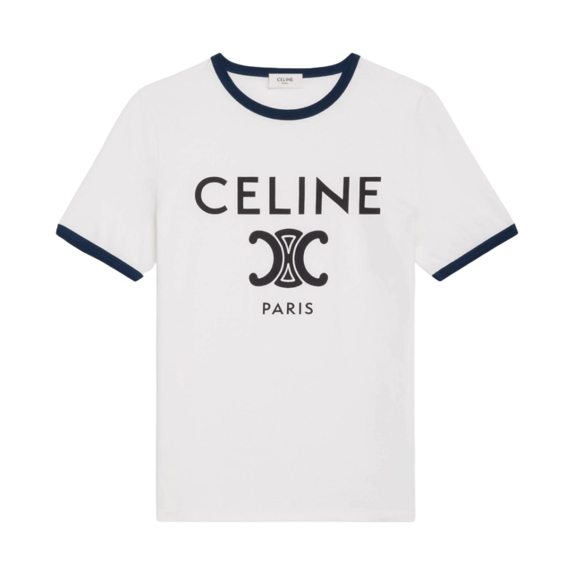 (W) 셀린느 파리 티셔츠 코튼 저지 오프 화이트 네이비 블랙((W) Celine Paris T-Shirt in Cotton Jersey Off White Navy Black)