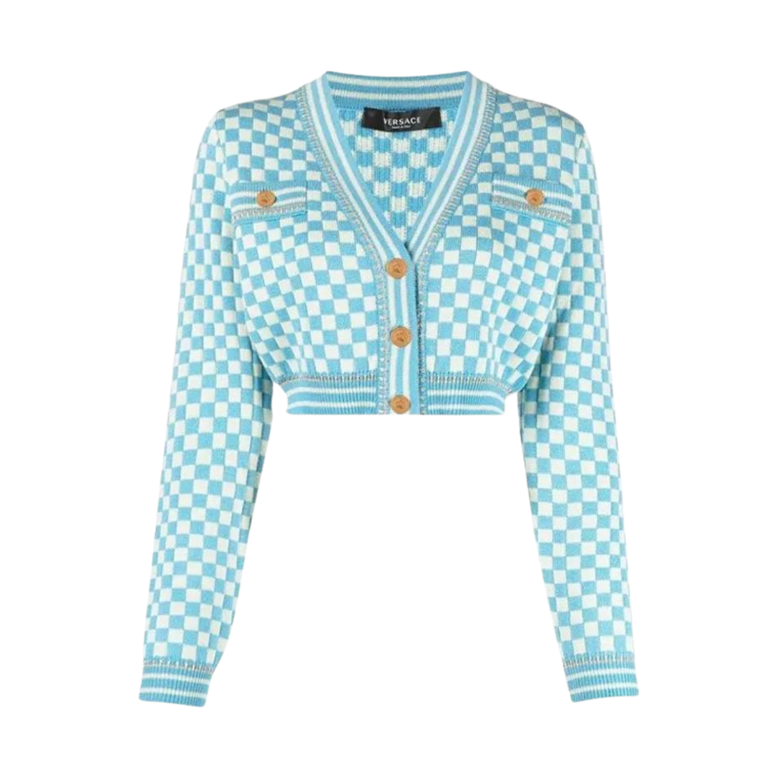 (W) 베르사체 체크 크롭 울 가디건 스카이((W) Versace Check Cropped Wool Cardigan Sky) - 1