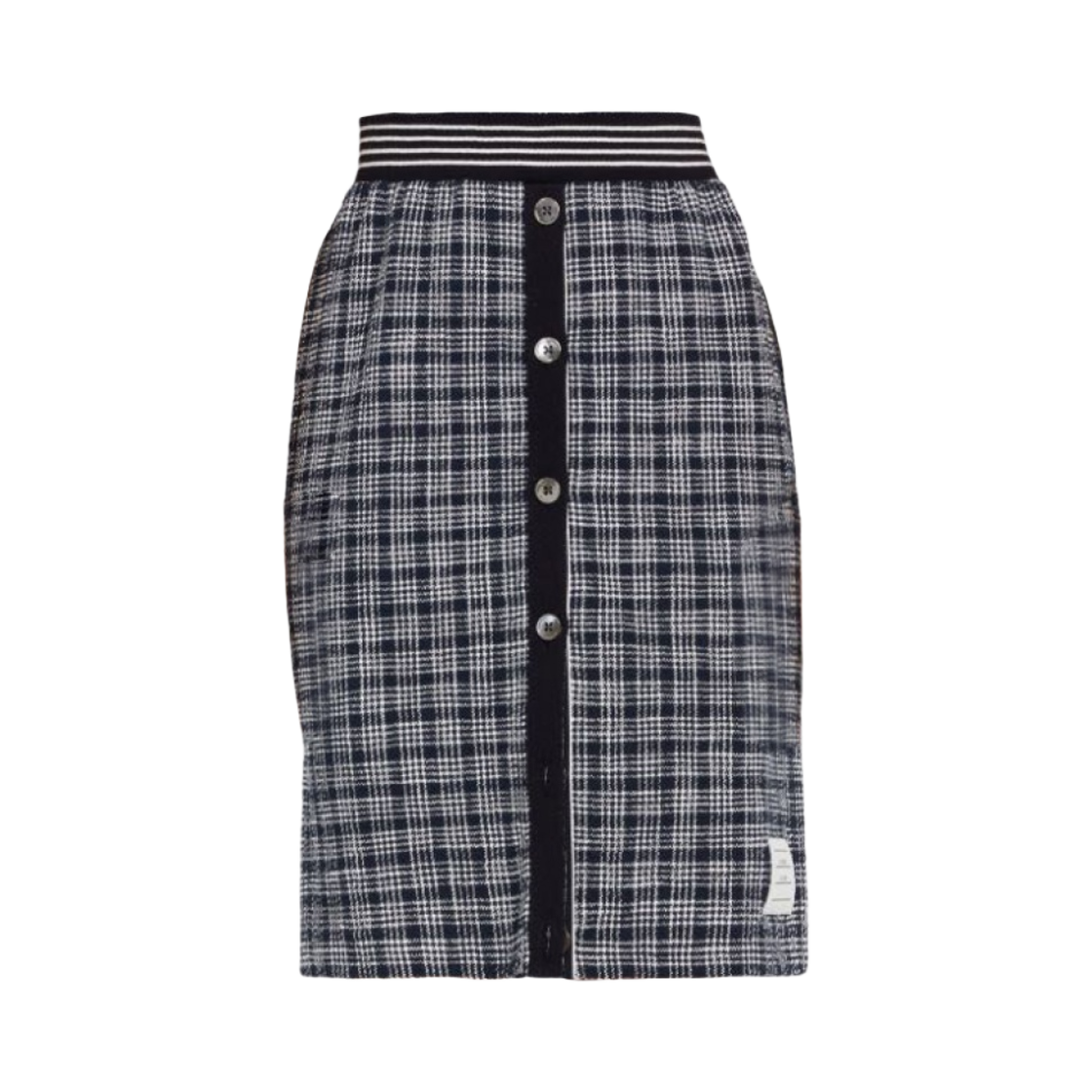 (W) 톰브라운 마이크로 사선 체크 코튼 버튼 플래킷 니 렝스 스커트 네이비 텍스쳐드((W) Thom Browne Micro 4-Bar Check Cotton Tweed Button Placket Knee Length Skirt Navy Textured) - 1