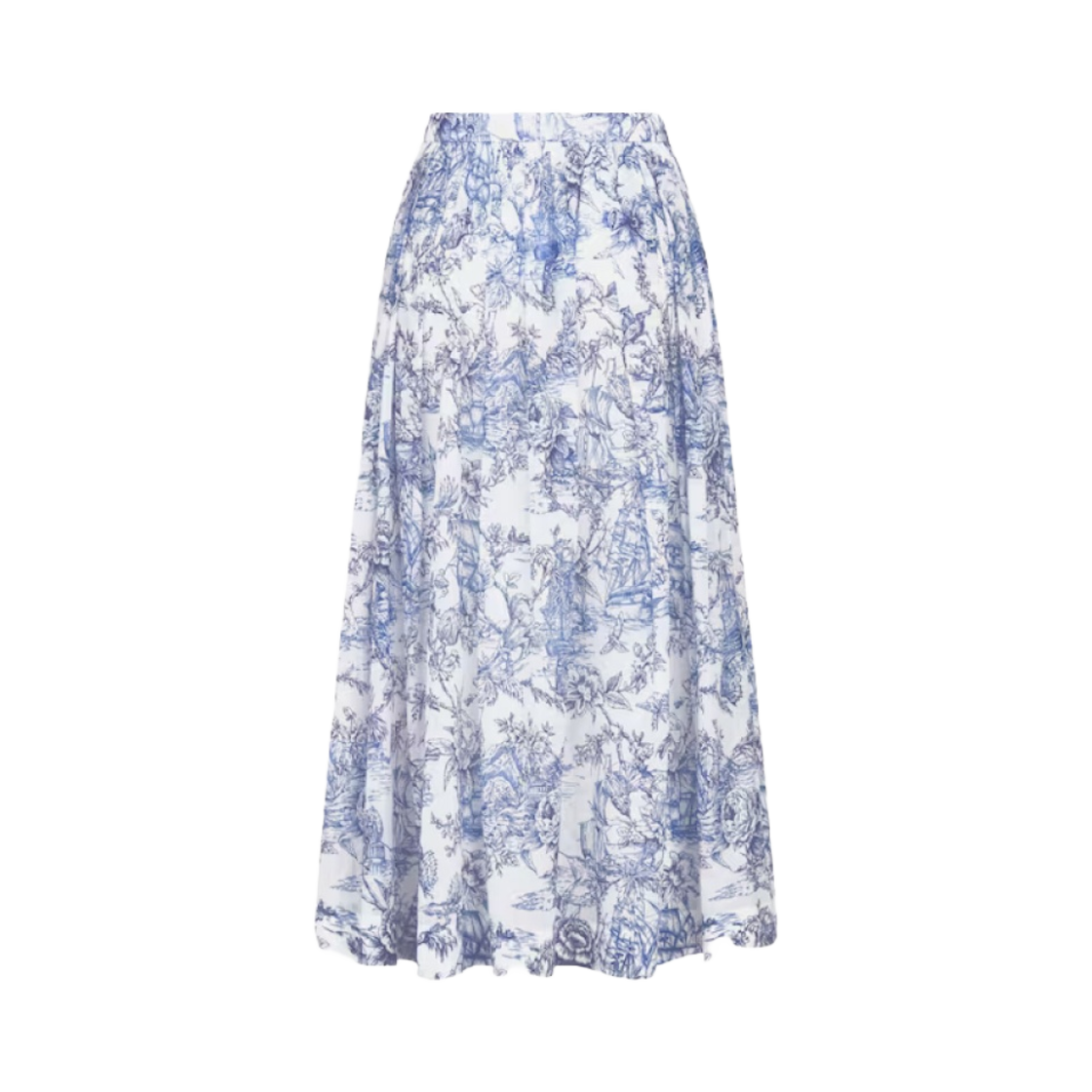 (W) 디올 플레어 미디 스커트 트왈 드 주이 베셀 모티프 코튼 보일 블루 화이트((W) Dior Flared Mid-Length Skirt Cotton Voile with Toile de Jouy Vessel Motif Blue White) - 2