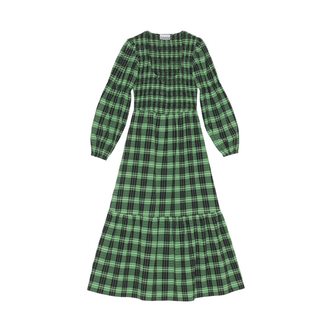 green ruched mini dress Ganni // Yellow & Black Plaid Midi Dress – VSP Consignment