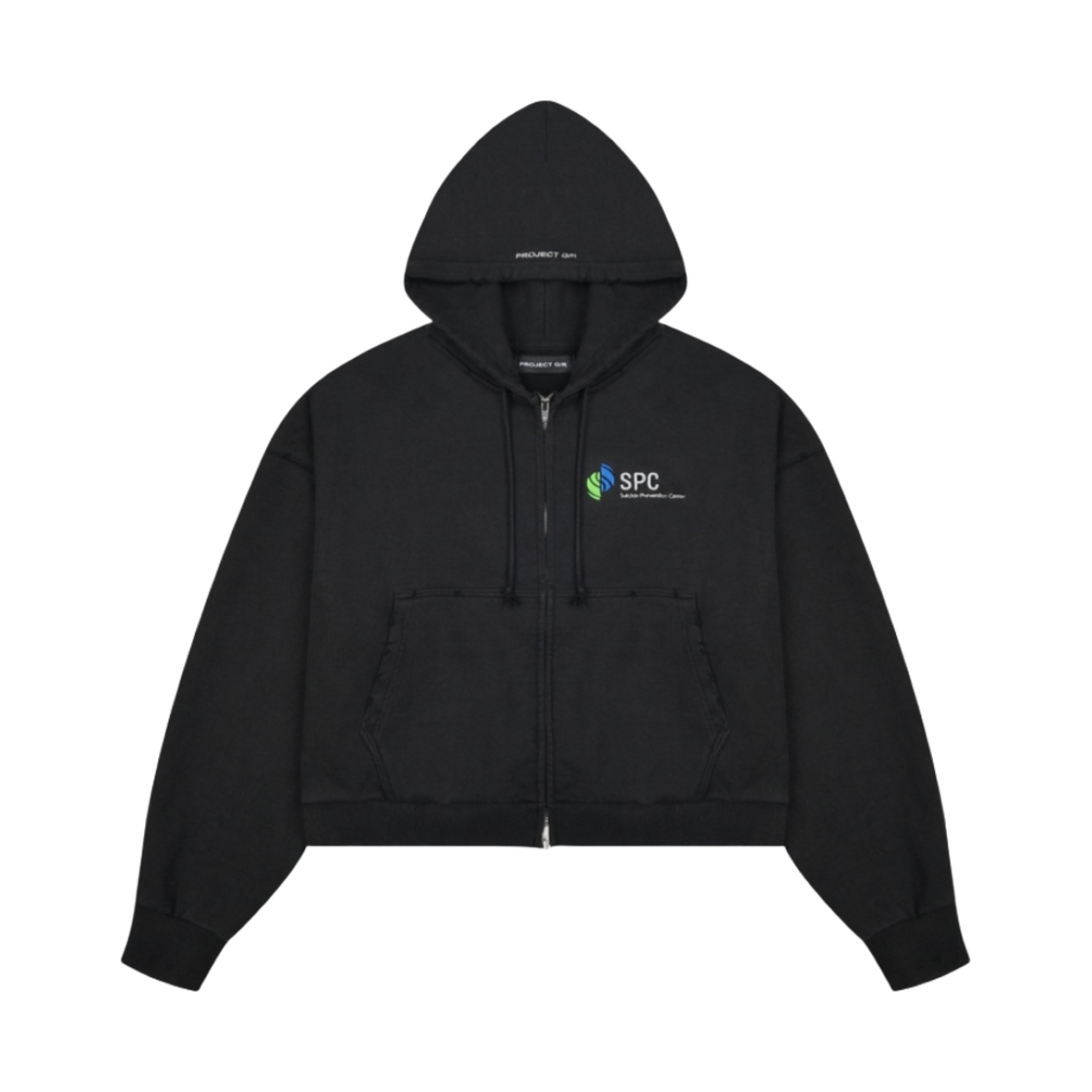 프로젝트 G/R SPC 크롭 디스트레스드 집 후드 워시드 블랙(Project G/R SPC Cropped Distressed Zip Hoodie Washed Black)