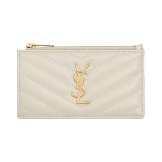 Saint Laurent Cassandre Matelasse Fragments Zipped Card Case in Grain De Poudre Embossed Leather Blanc Vintage
