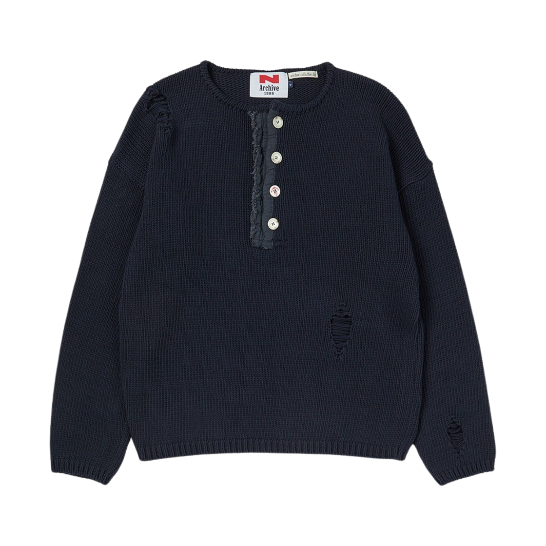 엔 아카이브 아카이브 헤비 웨이트 코튼 데미지 디테일 헨리넥 니트 네이비(N ARCHIVE Archive Heavy Weight Cotton Damage Detail Henry Neck Knit Navy)