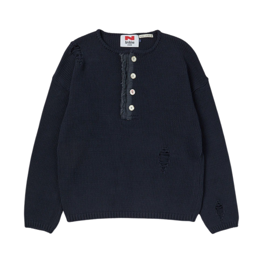 NV24SPKT01NV N ARCHIVE Archive Heavy Weight Cotton Damage Detail Henry Neck Knit Navy
