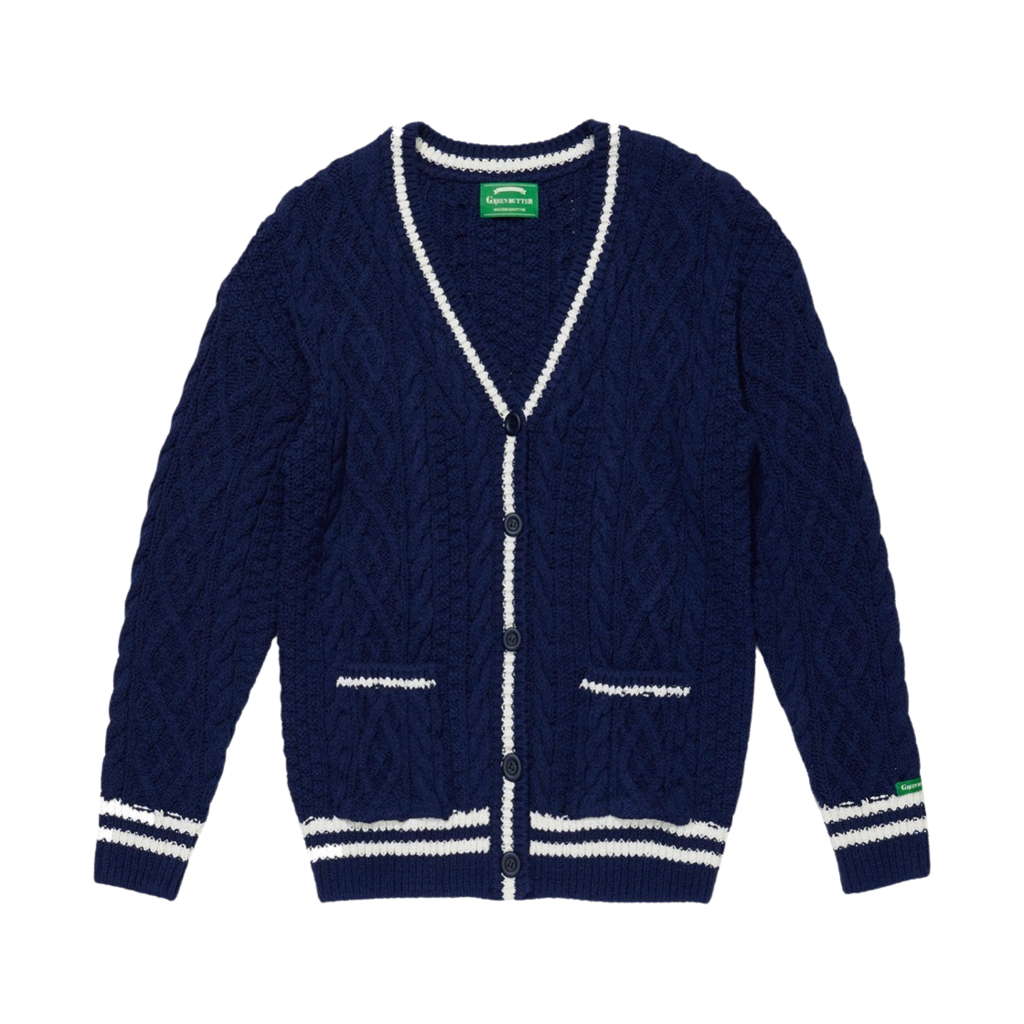 그린 버터 우먼 오버사이즈드 케이블 스트라이프 가디건 네이비