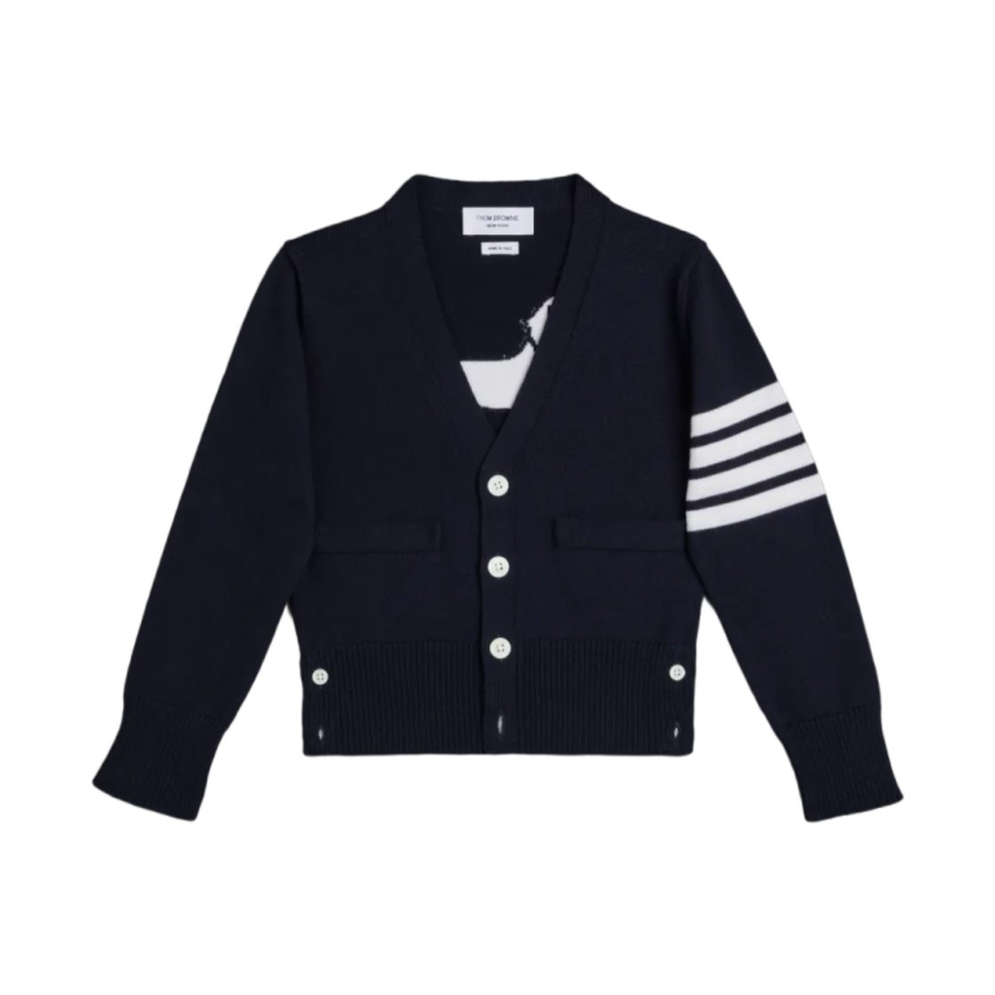 (키즈) 톰브라운 울 캐시미어 사선 헥터 클래식 가디건 네이비((Kids) Thom Browne Wool Cashmere 4-Bar Hector Classic Cardigan Navy) - 1