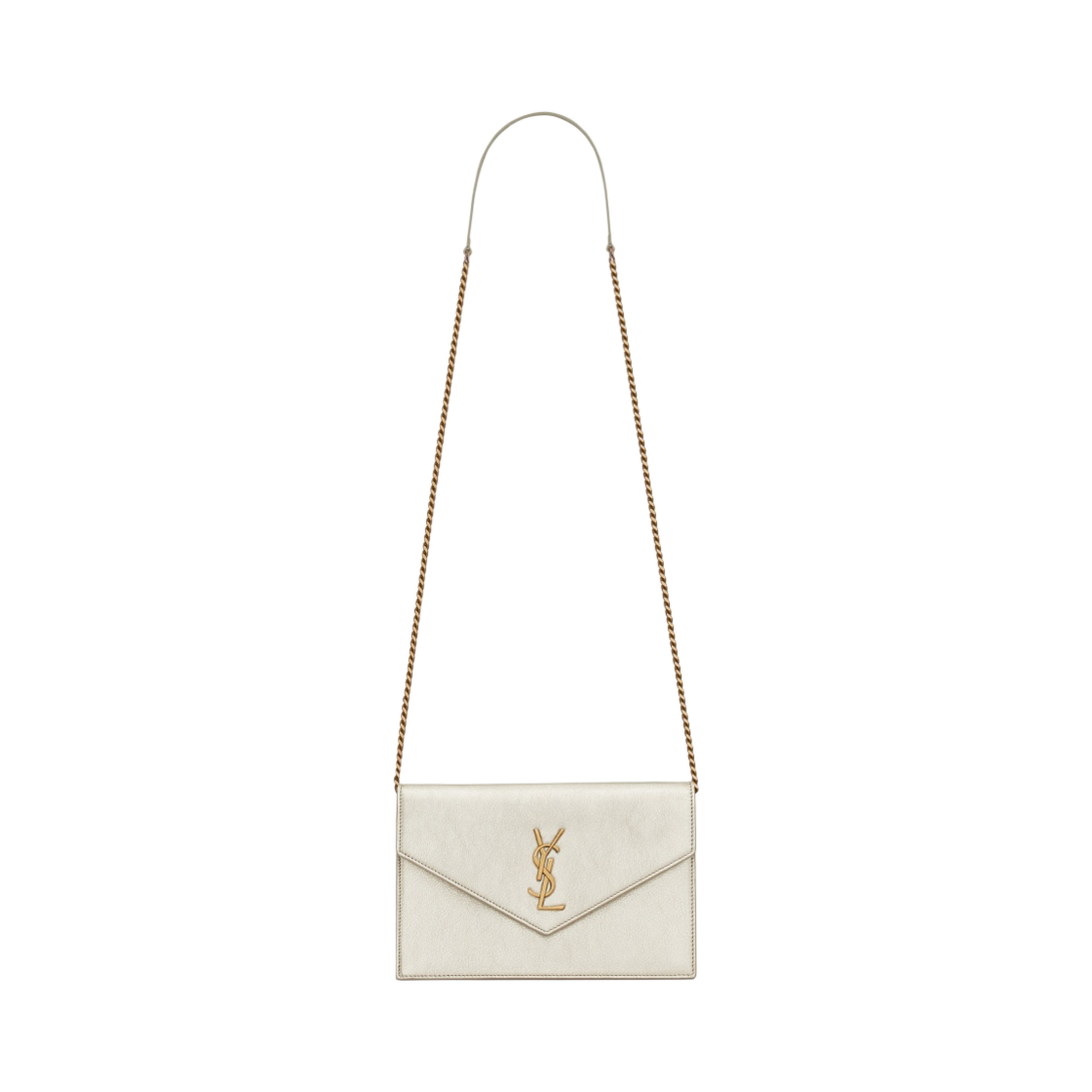 생로랑 메탈라이즈드 레더 카산드라 엔벨로프 체인 지갑 페일 골드(Saint Laurent Cassandre Envelope Chain Wallet in Metallized Leather Pale Gold) - 1